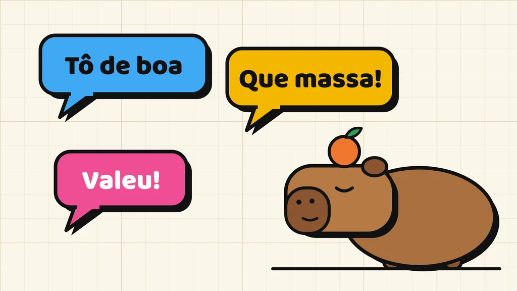Ilustração: uma capivara de boa e balões com gírias brasileiras